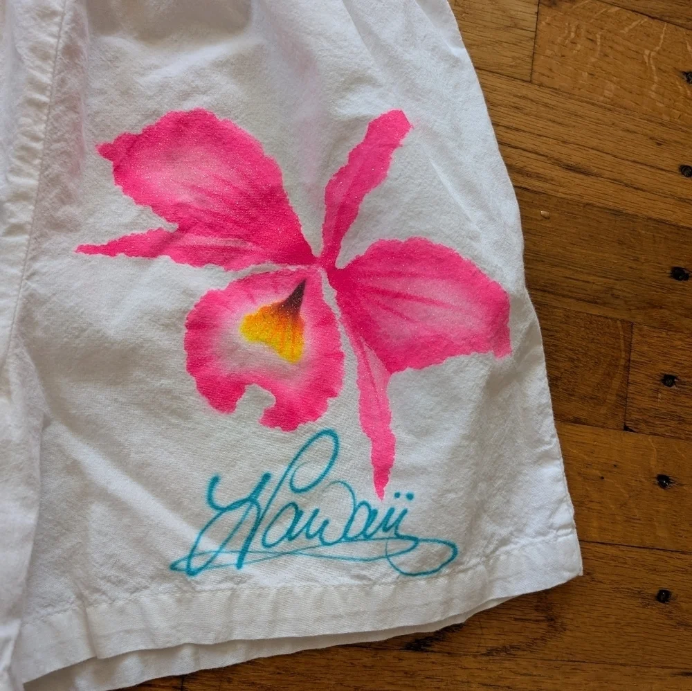 Vintage Hawaii White Shorts with Neon Pink Orchid Design